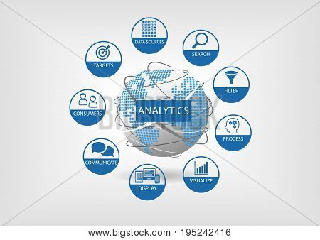 Data and web analytics icons with world map infographic