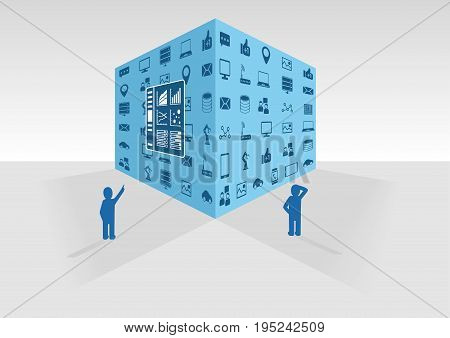 Two persons looking at big data cube and dashboard