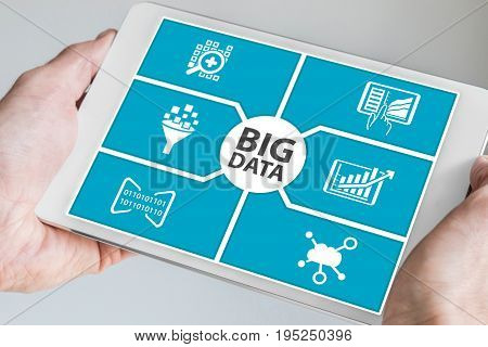 Big data concept. Hand holding tablet in both hands