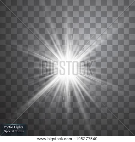 Glow light effect. Starburst with sparkles on transparent background. Vector illustration. Sun