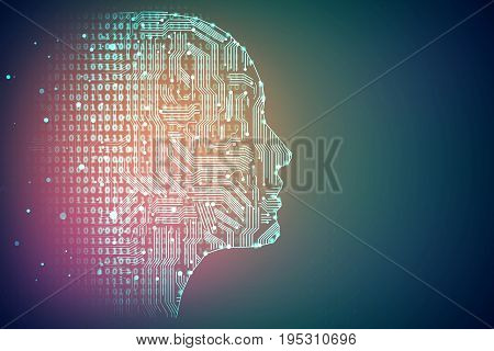 Artificial intelligence. Human head outline with circuit board inside. Technology and network concept. 3D Rendering