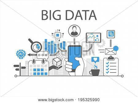 Big data infographic vector illustration with hand holding smartphone