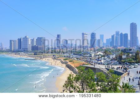 TEL AVIV ISRAEL - APRIL 2017: View of the coastline of Tel Aviv from the observation deck in old Jaffa.