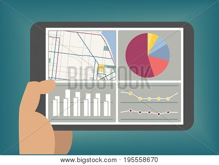 Big data and analytics dashboard displayed on tablet screen as vector illustration