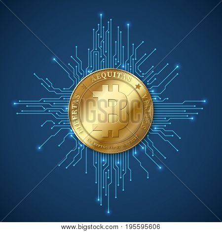 Crypto currency bitcoin. Net banking and bitcoins mining vector concept. Currency cryptography mining finance coin illustration