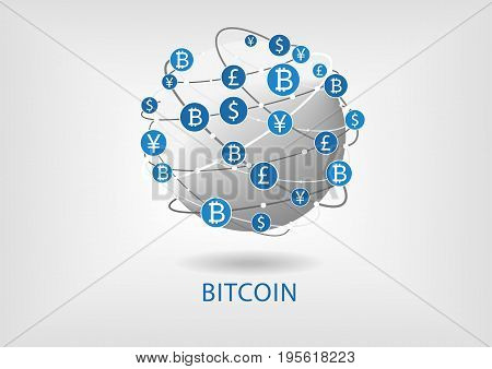 Bitcoin and blockchain vector illustration of connected world wide web for internal money transfer