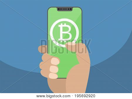 Bitcoin vector illustration. Hand holding modern bezel-free / frameless smartphone with bitcoin symbol displayed on green touchscreen