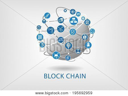 Block chain vector illustration with connected globe on light grey background