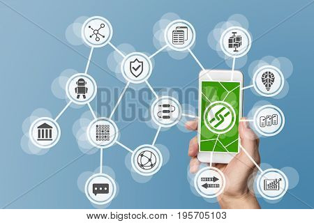 Blockchain and mobile computing background with smartphone and icons