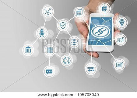 Blockchain concept with hand holding modern smart phone as example for fin-tech technology