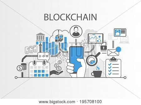 Blockchain vector background illustration with hand holding smartphone and icons