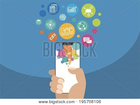 Blockchain vector illustration with icons. Hand holding modern bezel-free / frameless smartphone on blue background