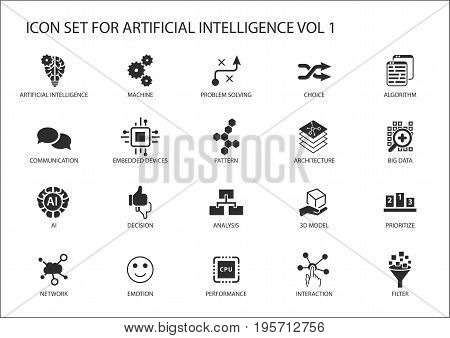 Vector icon set for artificial intelligence (AI) concept. Various symbols for the topic using flat design