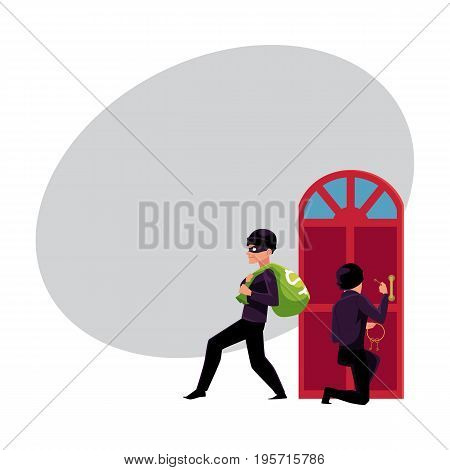 Thief, burglar, robber breaking in house, walking away with money bag, cartoon vector illustration with space for text. Burglar, robber, thief breaking into house, going away with money