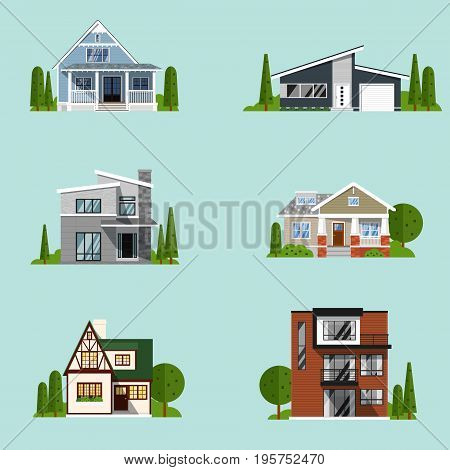 Real estate set with sale houses vector illustration. Family dream home set. Vacation houses in rural area. Advertising design elements. Real estate business concept. Facade apartment house, cottage.