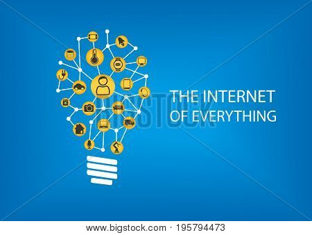 Internet of everything (IOT) concept. Vector illustration of connected devices represented by smart light bulb.