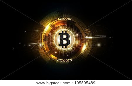 Golden bitcoin digital currency, futuristic digital money, technology worldwide network concept, vector illustration