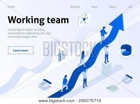 Working Team Metaphor Business Isometric Banner. Teamwork Success Concept. Group Of Employee Support