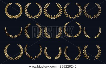 Golden Laurel Wreath. Realistic Crown, Leaf Shapes Winner Prize, Foliate Crest 3d Emblems. Vector Gr