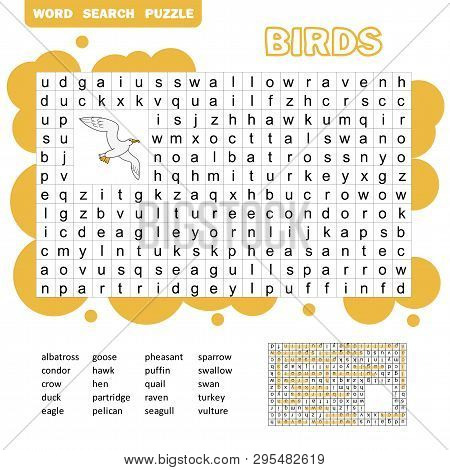 Words Search Puzzle Game Of Birds Animals For Preschool Kids Activity Worksheet Colorful Printable V