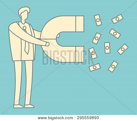 Lead Generation Outline Concept. Magnet In Hand Attracts Money. Sales And Leads, Marketing Vector Vi