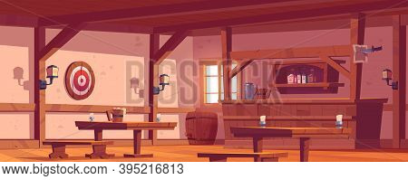 Old Tavern, Vintage Pub With Wooden Bar Counter, Shelf With Bottles, Lanterns And Beer Mug On Table.