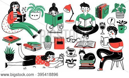 Books And Readers. Happy People Read And Study. Book Piles, Houseplants, Cat, Tea And Coffee Cup. Ha