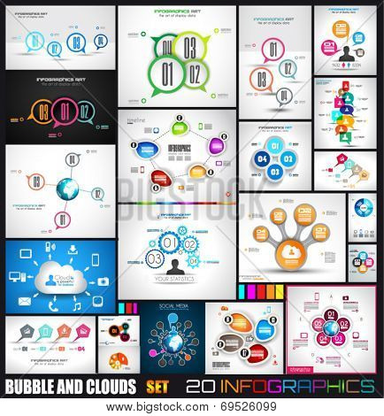 Collection of 20 Infographics with bubbles and clouds. Flat style UI design elements for your business projects, seo diagrams and solution ranking presentazions