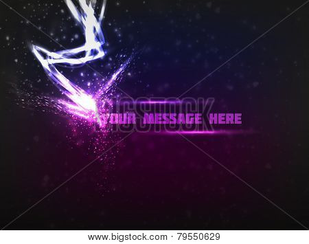 Abstract design of text being struck by bright lightning, releasing a lot of energy. Dark violet background is used