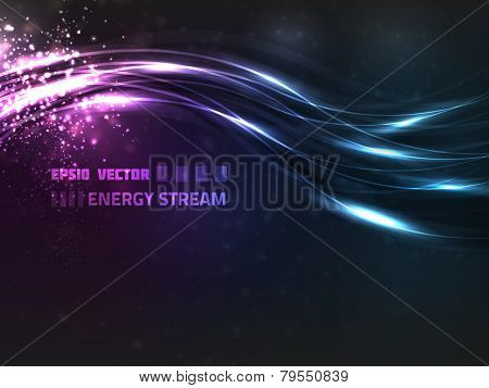 Abstract energy stream design on dark background, colored violet and blue. Contains bright lights and blurry particles.