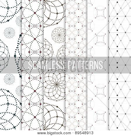 Dotted seamless patterns with circles and nodes. Repeating modern stylish geometric backgrounds. Sim