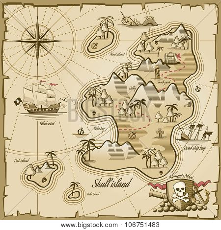 Treasure island vector map in hand drawn style