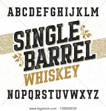 Single barrel whiskey label font with sample design. Ideal for any design in vintage style. Vector.