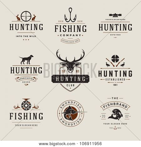 Set of Hunting and Fishing Labels, Badges, Logos Vector Design Elements Vintage Style. Deer head, hunter weapons, forest wild animals and other objects. Advertising Hunter Equipment.