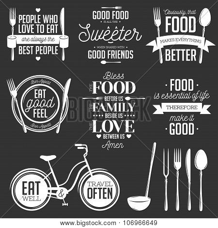 Set of vintage food related typographic quotes. Vector illustration.