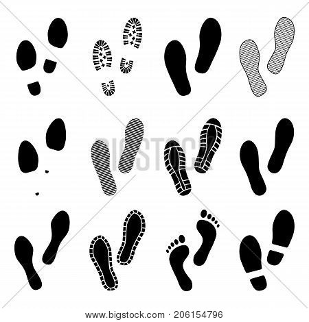 Footsteps. Footprints. Shoe and bare foot print. Shoes imprints set. Vector illustration