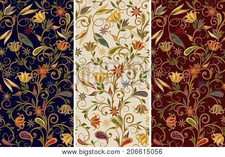 Seamless pattern in ethnic traditional style. Abstract vintage pattern with decorative flowers, leaves and Paisley pattern in Oriental style.