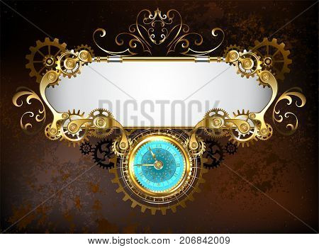 Mechanical banner with an antique clock decorated with gold and brass gears on a brown rusty background. Steampunk style.