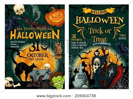 Halloween holiday horror party welcoming banner set. Creepy night on graveyard poster with spooky Halloween pumpkin, bat and spider, skeleton skull, black cat, zombie and grim reaper with death scythe