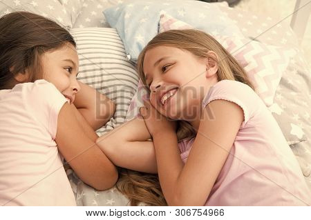 Best Friends Forever. Girls Relaxing On Bed. Slumber Party Concept. Girls Just Want To Have Fun. Inv