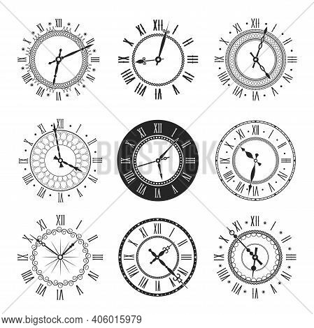 Clock And Watch Face With Vintage Round Dial Vector Icons. Isolated Black And White Timepieces, Anti