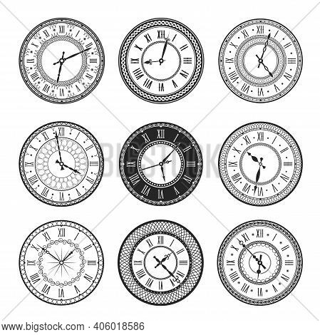 Vintage Clock Face Isolated Vector Icons Of Antique Watches With Black And White Round Dials. Wall T