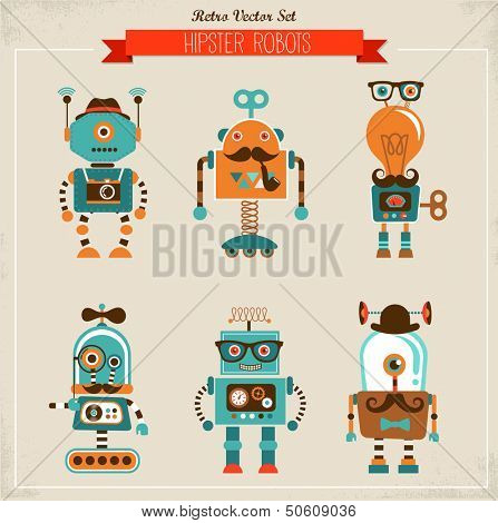 Set of cute hipster vintage robots