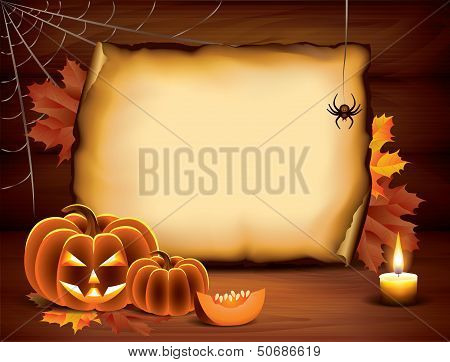 Halloween Background With Pumpkins, Paper, Candle