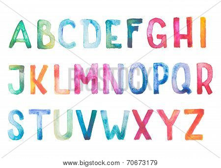 Colorful watercolor aquarelle font type handwritten hand draw doodle abc alphabet letters.