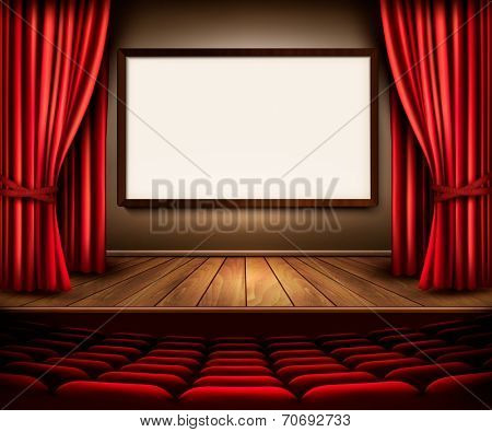 A theater stage with a red curtain, seats and a project board. Vector. 