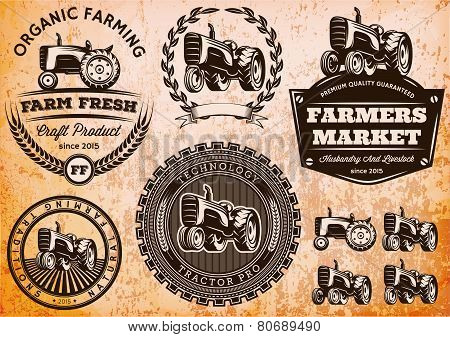 Set Of Labels With A Tractor For Livestock And Crop