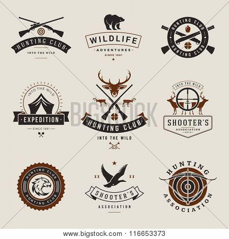 Set of Hunting and Fishing Labels, Badges, Logos Vector Design Elements Vintage Style. Deer Head, Hunter Weapons. Advertising Hunter Equipment. Fishing Logo, Deer Logo, Rifle Logo, Camp Logo.