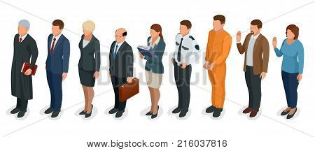 Isometric Law and Justice. People present in court judge, clerk, translator, lawyer, witness, plaintiff, defendant, stenographer prosecutor defendant police officer Vector illustration