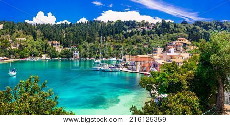 Picturesque fishing village Lakka in Paxos with turquoise sea, Ionian islands of Greece